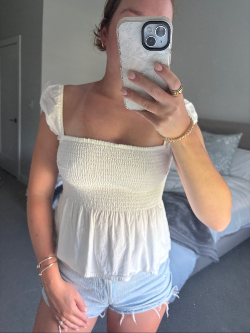 A&F Smocked Square-Neck Peplum Tank Top - White